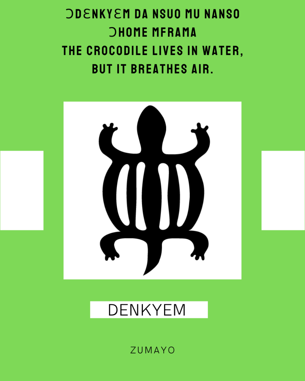 Denkyem poster with symbol and saying in both English and Twi