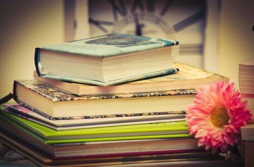 Picture of books and a flower