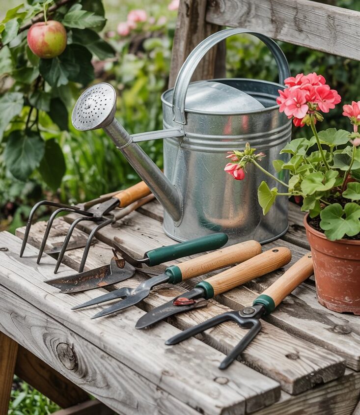 Basic garden tools including a towel, watering can, and potted flowers on a wooden work space in the garden.