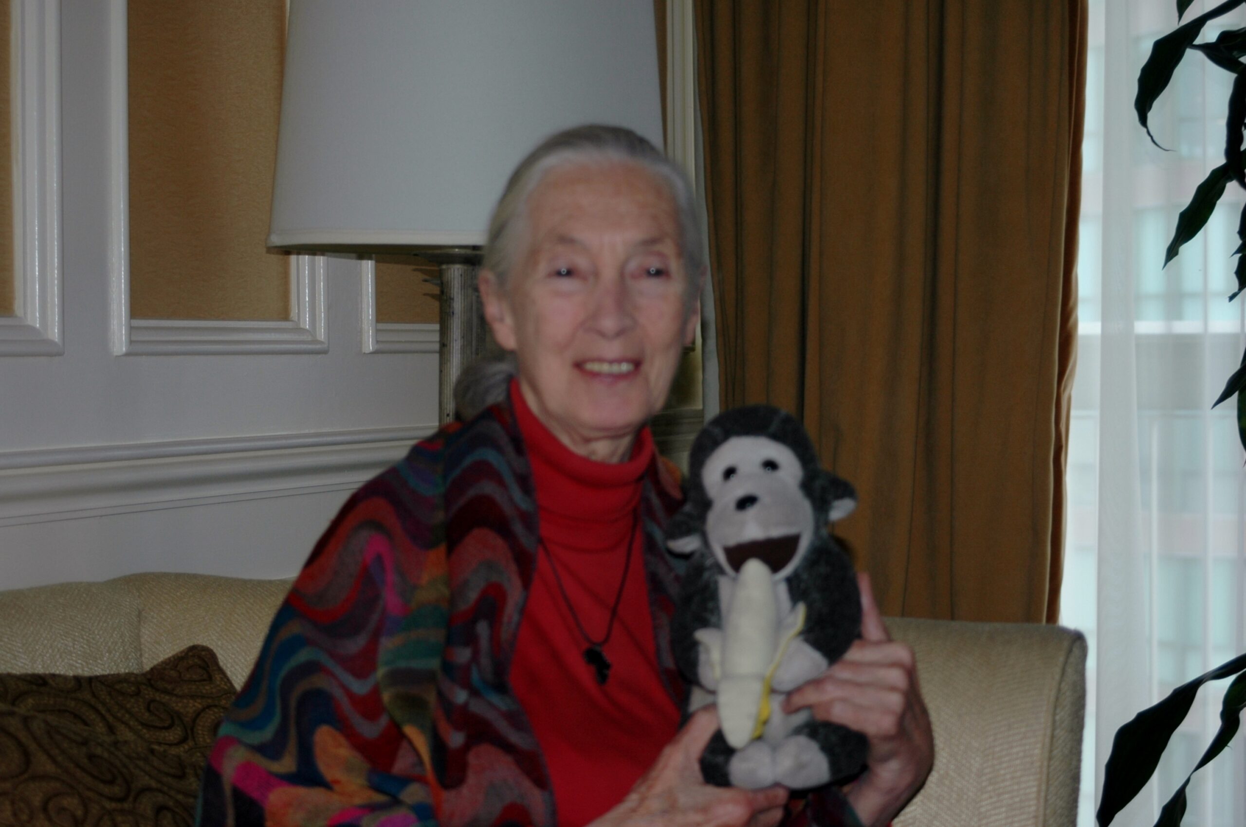 Jane Goodall with her mascot. © J. L. James