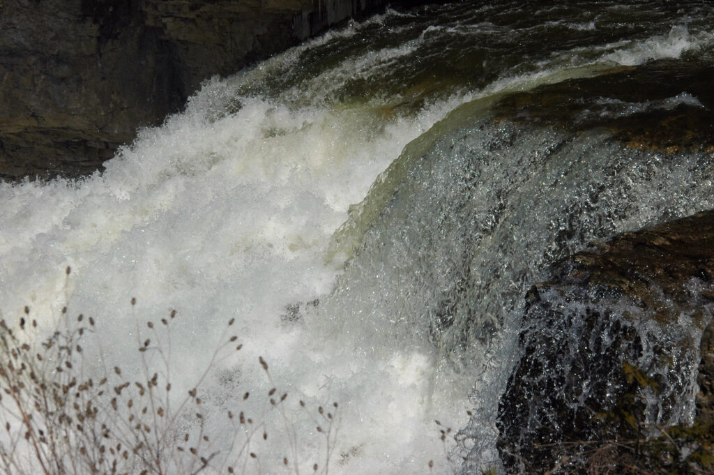 Close up view of the cascade in winter from the viewing platform, Inglis Falls, Ontario, Canada