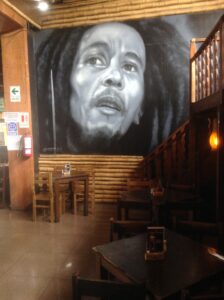 Bob Marley mural on the wall of  restaurant in Lima, Peru