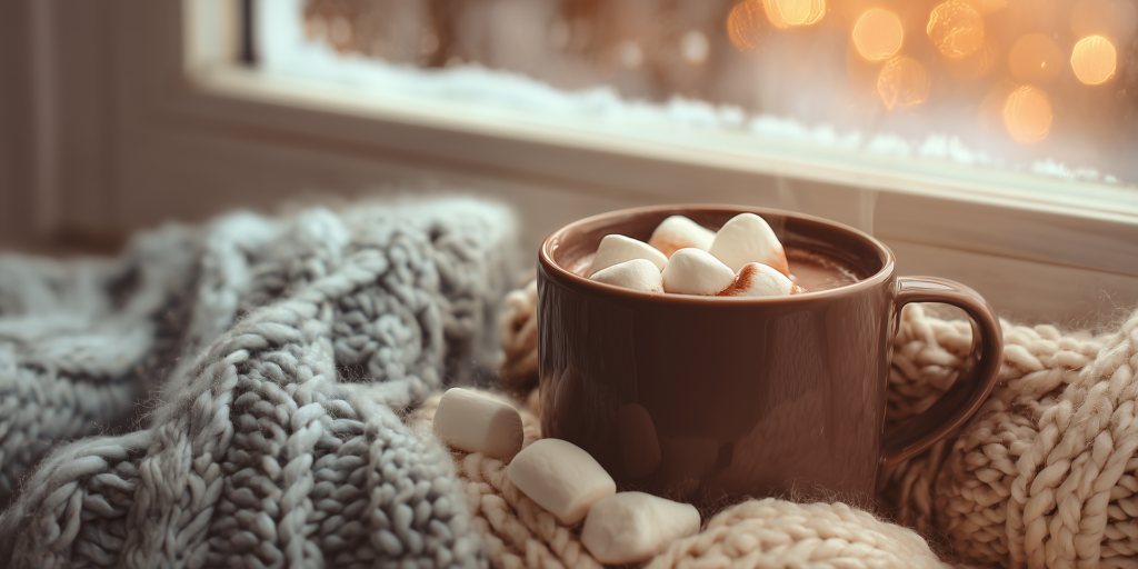 Hot Chocolate in a mug by a frosty window surrounded by knitted blankets.